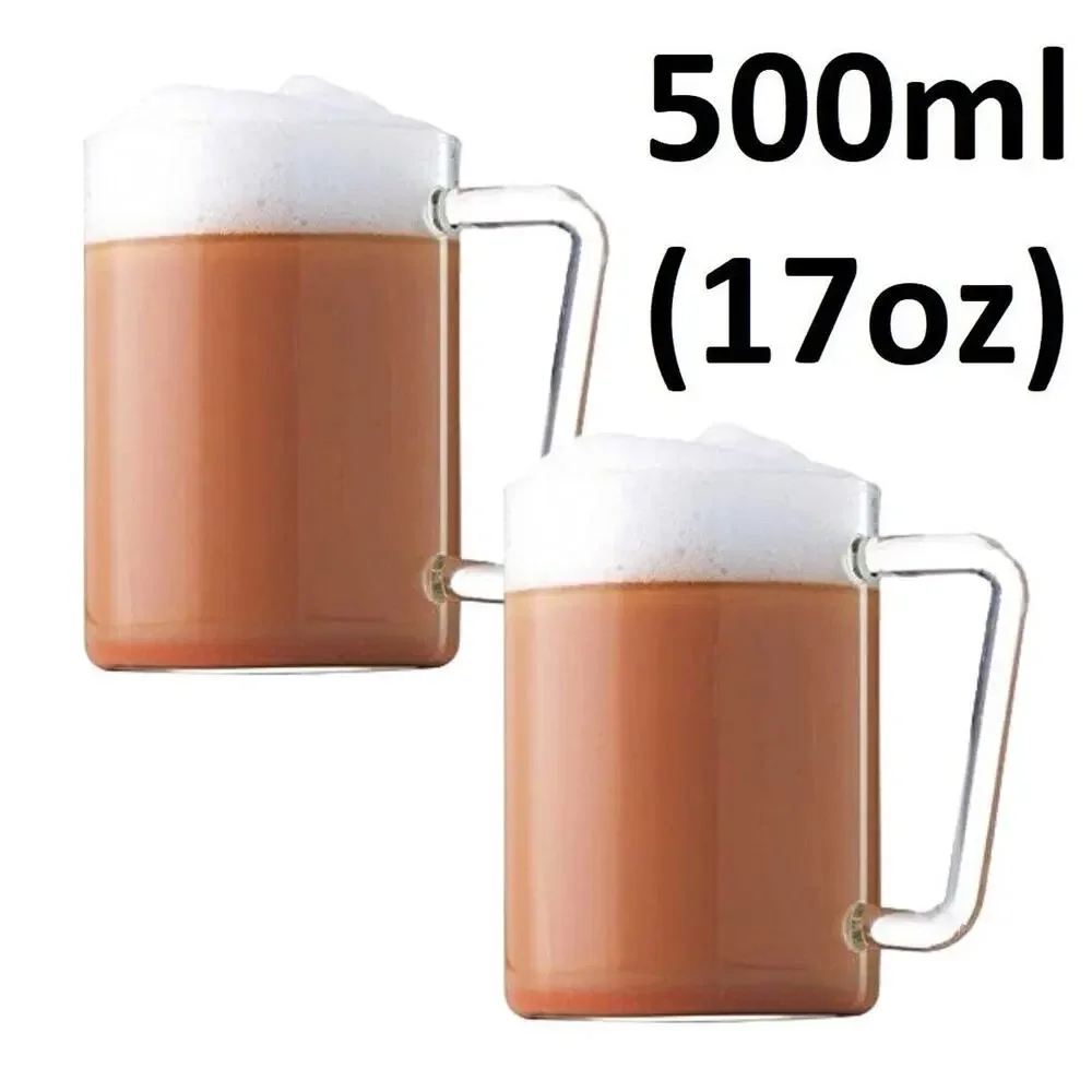 NEW Set of 2 Clear Borosilicate Glass Beer Coffee Mugs 500ml 17oz Borosil Vision